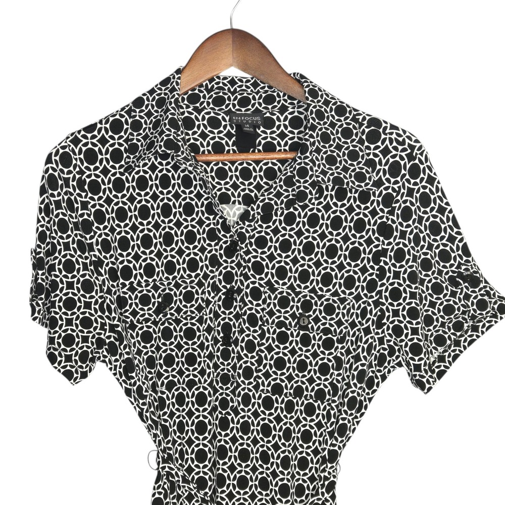 En Focus Studio Black White Geometric Short Sleeve Mod Retro Dress‎ Womens 14 - Picture 3 of 6